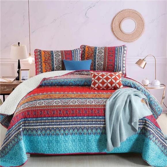 BEDDING Bohemian Quilt Set Queen Size, Boho Striped Pattern Bedspread Set - Picture 1 of 7